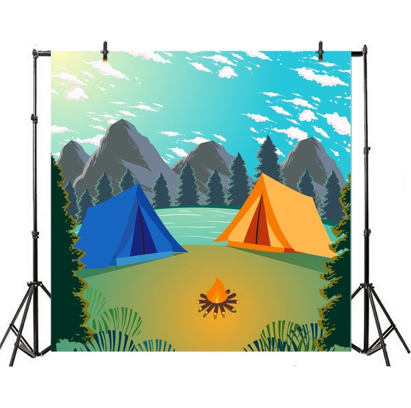 Laeacco Summer Island Camp Backdrop 6.5x6.5ft Outdoors Photography Background Mountains and Waters Camping Travel Trees Cartoon Backdrops Children Boy Adult Photo Baby Shower Backdrop Birthday Decor - Image 3